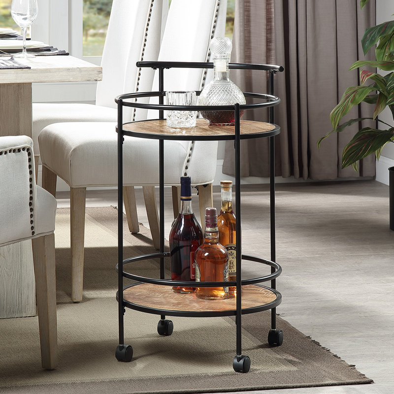 Rayfield Metal Serving Bar Cart, Weathered Oak Black