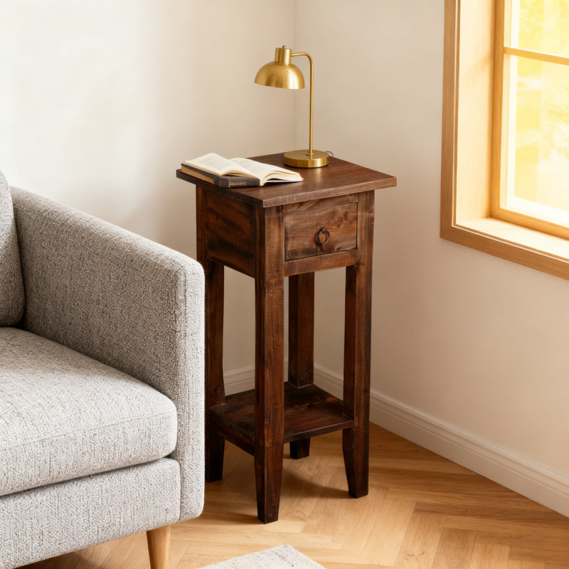  End Table With Drawer And Shelf, Farmhouse Cottage Style Small Side Table For Living Room Or Bedroom, Fully Assembled Solid Wood Accent Table