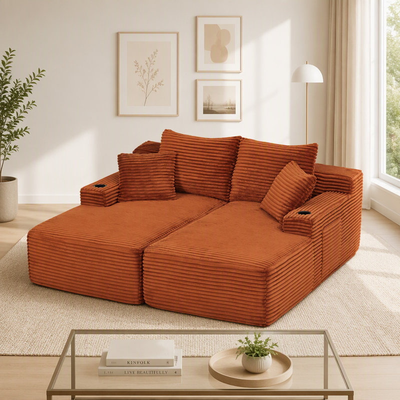 Canapé d'angle infonuagique avec méridienne double, porte-gobelets et poches latérales - Aucun ensemble requis, Orange