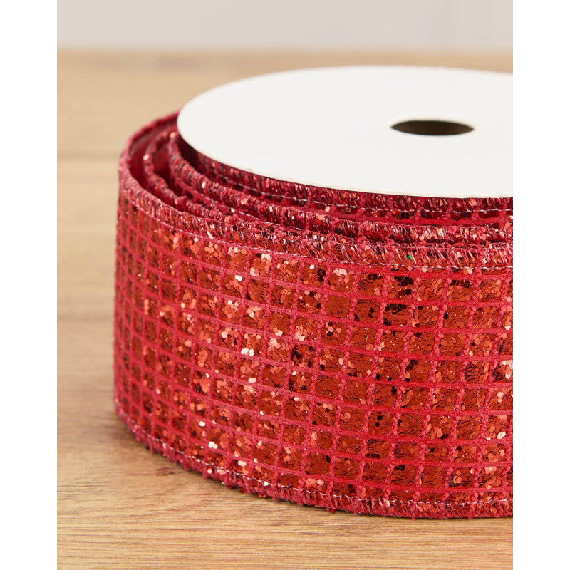Silver Ice Chip Wire Edge Ribbon, 9m, red