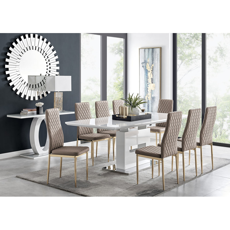 Eubanks Extendable Dining Set with 8 Chairs, Cappuccino, Gold