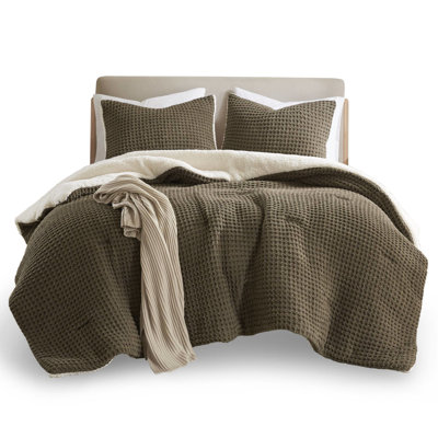 Waffle Knit Chenille Twin Comforter And Sham , 100% , Reversible, Machine Washable, Brownish Tone Size Package, & 2 Shams, Fill, Reverse, Gray-Brownish Shade