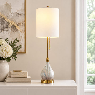 Lampe de table 33 po en céramique Glam avec abat-jour pré-assemblé et chaînette pour le salon de la chambre à coucher