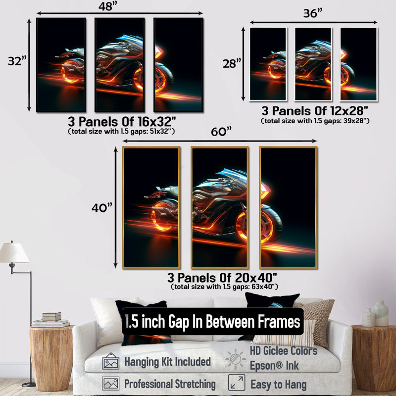 «Neon Light Strips Around Silver Moto I - Car / Van», ensemble d'art sur toile, Cadre flottant noir