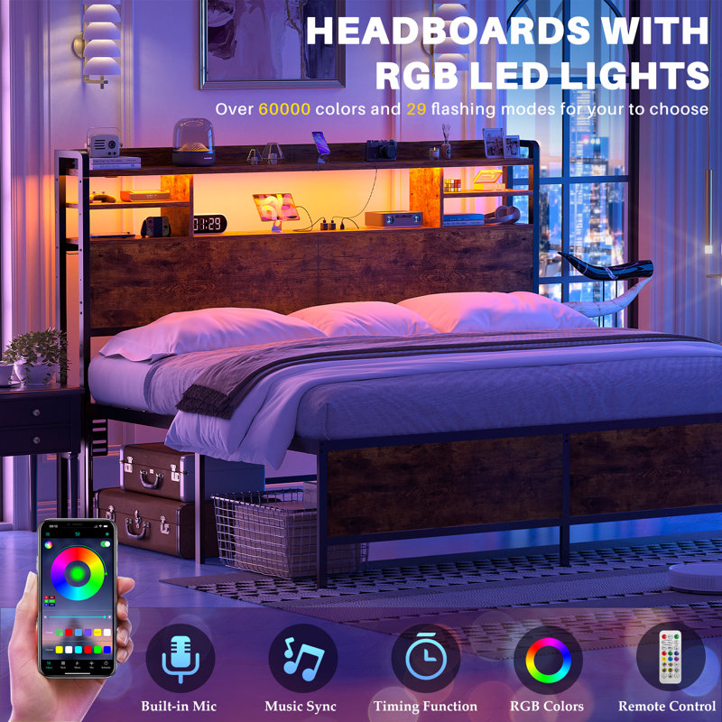 Storage Headboard with LED Lights, Bookcase Headboard with Charging Station, Brown, Queen