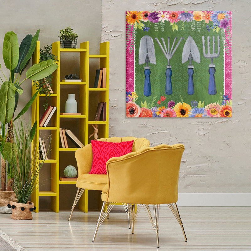 Outils de jardinage et toile à bordure florale, design par Nicole DeCamp, H 36 po x l 36 po