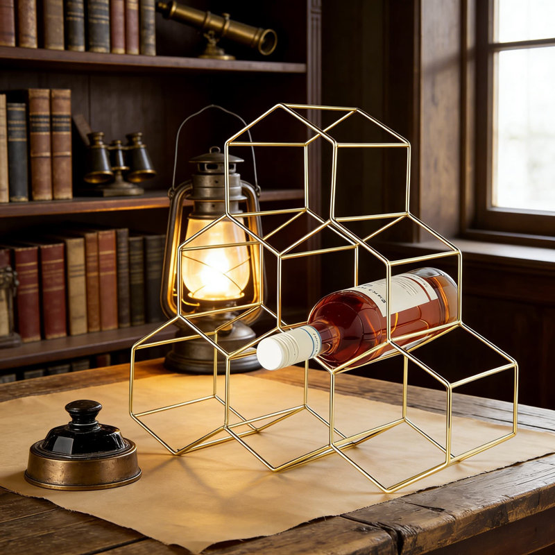 Geometric Countertop Wine Rack For 6 Bottles, Freestanding Hexagonal Honeycomb Design Wine Holder For Kitchen, Bar, Or Pantry Storage