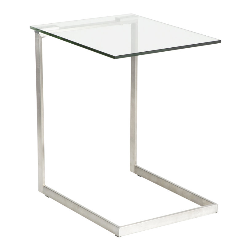 Elsner Tempered Glass C-Shaped Metal End Table, Brushed Silver