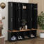 Arbre d'entrée de style campagnard avec 4 crochets cachés, banc polyvalent en noyer avec 8 portes, armoire à chaussures d'entrée avec compartiments ouverts-1721133111