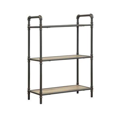 3 Shelf In Antique Oak & Sandy Gray Hue. Metal Structure Boards. Arrange Your Stuff. 26" W X 36" H 14" D. 24 Lb Storage Shelf. Frame Shelves. Functional Storage. 14".