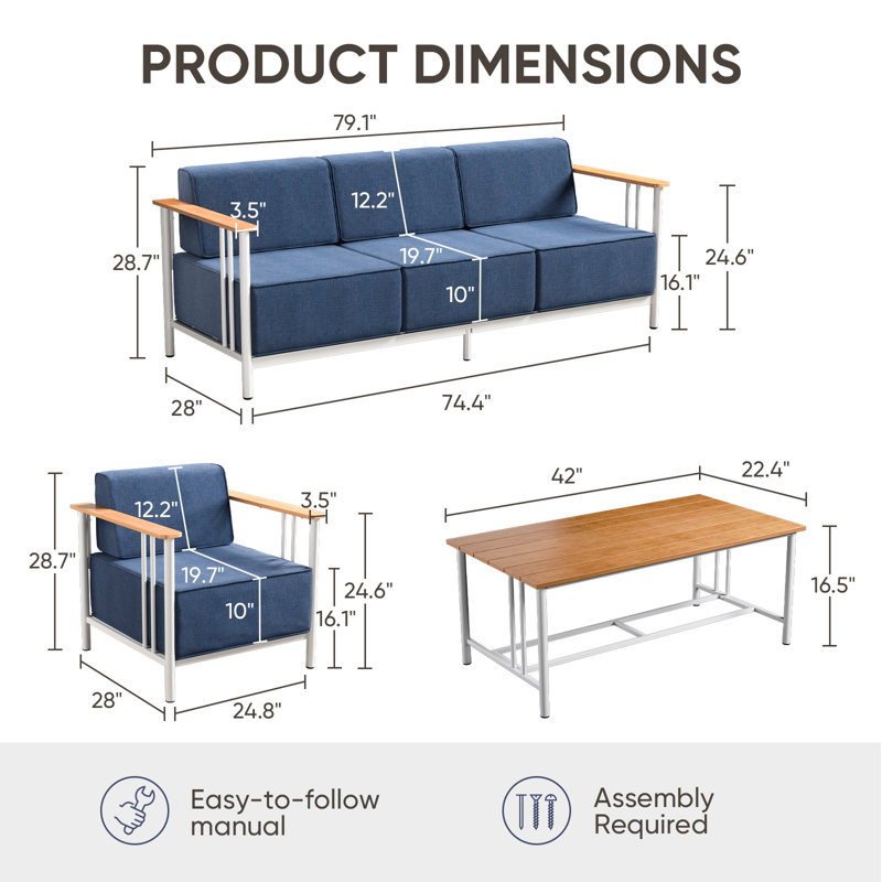 Ensemble de conversation moderne pour 7 personnes avec 4 fauteuils Coan, Blue Cushion/ White Frame