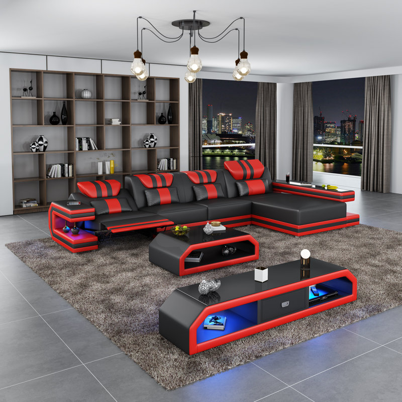 Lightspeed Sectional, Right Hand Facing, Black/Red Genuine Leather