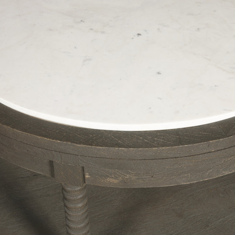Round Brown Wood Cocktail Table with Marble Top