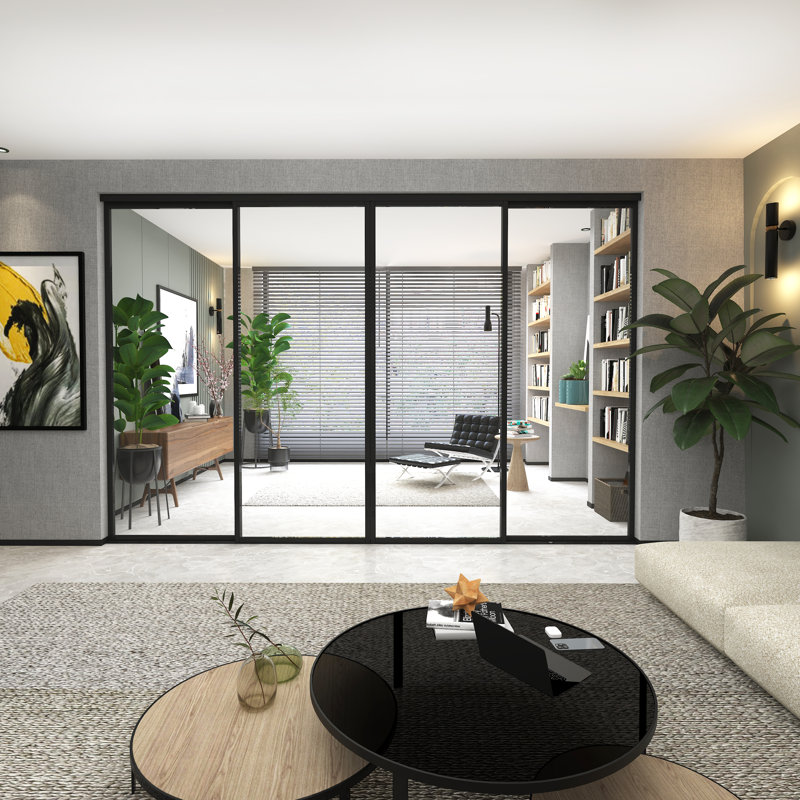 Cloison 4 panneaux coulissants en verre transparent - structure en aluminium avec technologie Silent Glide, 120 po x 96 po