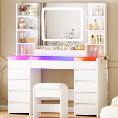 Adriel Modern Makeup Vanity Desk With LED Mirror, RGB Lighting, 11 Drawers, Glass Top, Charging Station & Hair Dryer Holder