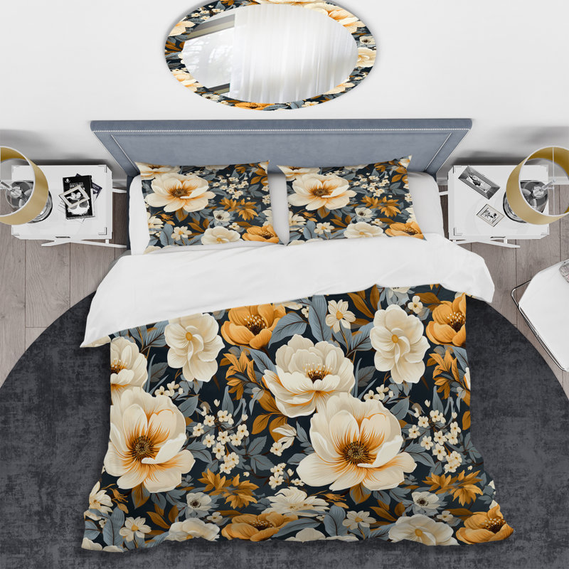 Ensemble de housse de couette Vintage Ivory Flower Symphony - Floral, Housse de couette pour grand lit et 2 taies décor