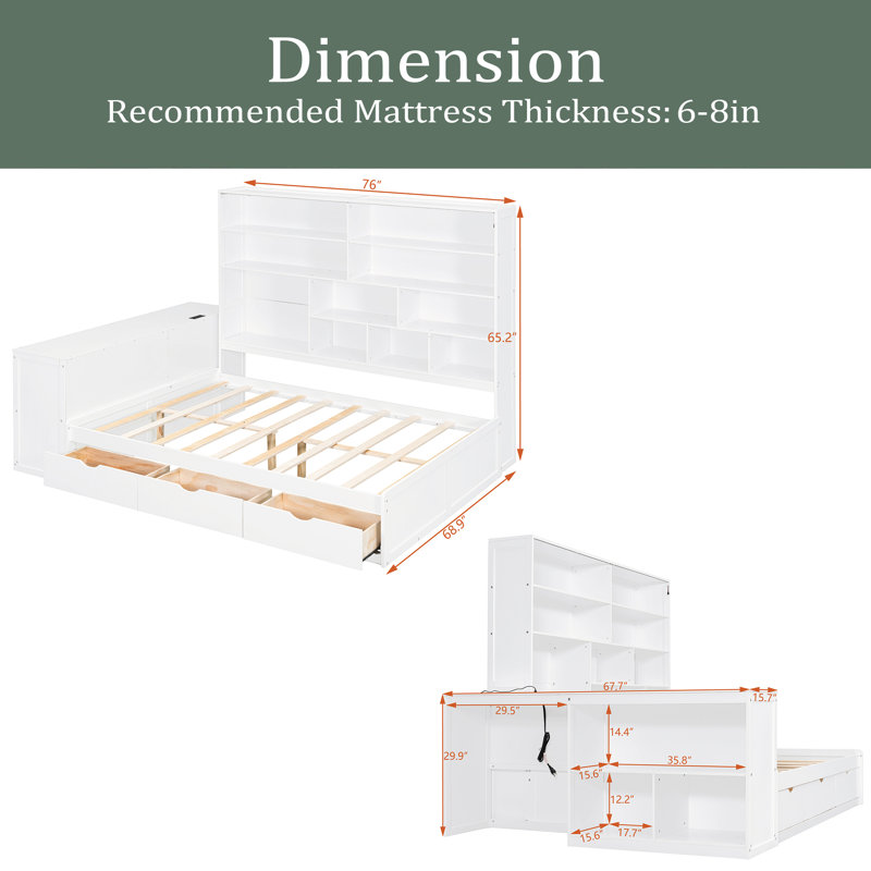 Lit de jour double en bois avec trois tiroirs, bureau, tablettes et lumières, Blanc