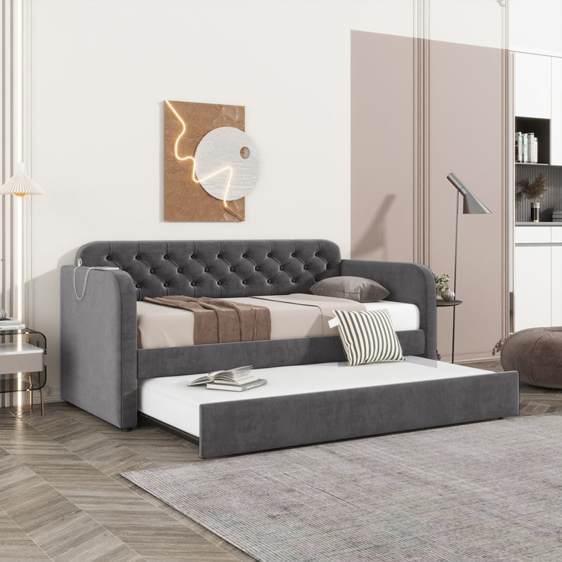 Lit de jour simple rembourré avec couchette et chargement USB, structure en velours pour le salon ou la chambre à coucher, aucun sommier nécessaire