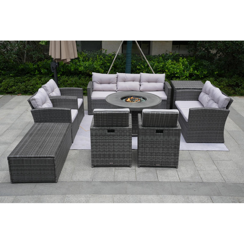 Ensemble de conversation en osier / rotin pour 9 personnes avec coussins Areefa, Gris