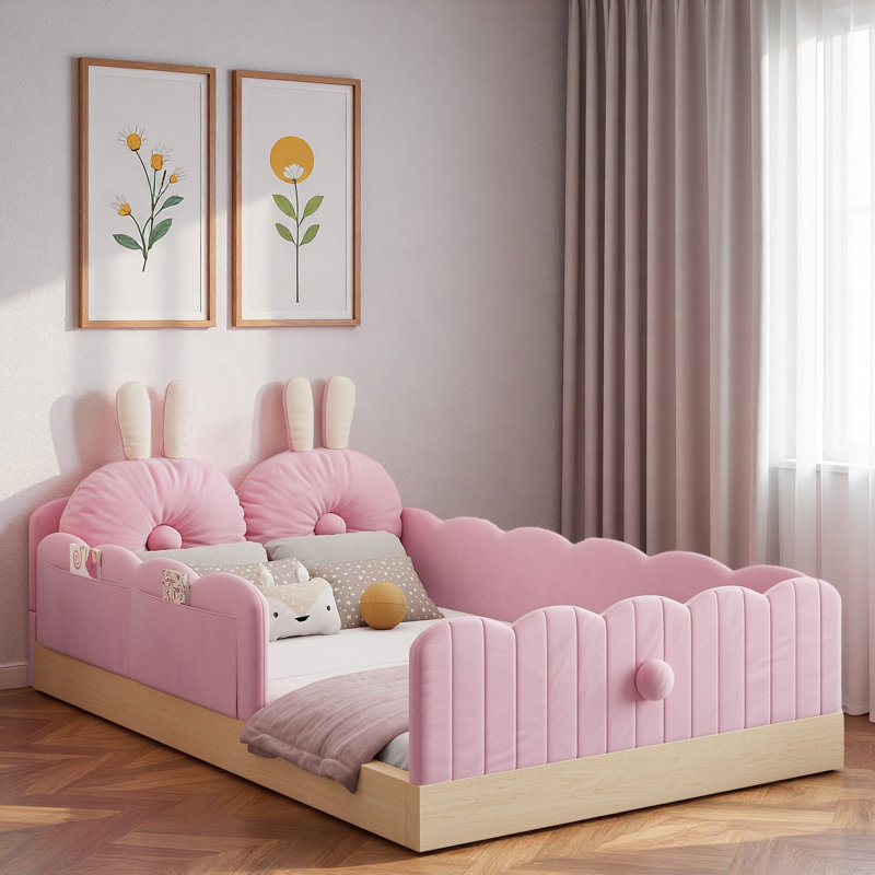 Lit plateforme tapissier avec coussins en forme d'animaux et sacs de rangement, Rose
