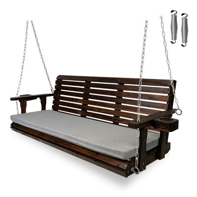Wooden Porch Swing 3-Seater, Bench Swing with Cupholders