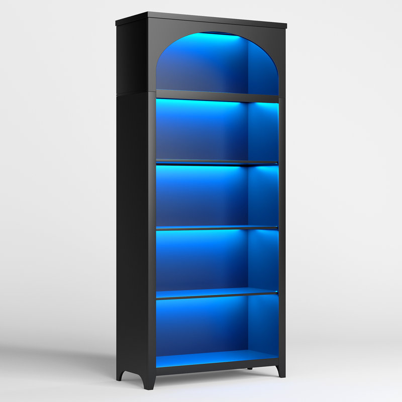 5-Tier Bookcase with 3-Colour LED Lights & Motion Sensor, 178cm Tall Arched Storage Unit, Black