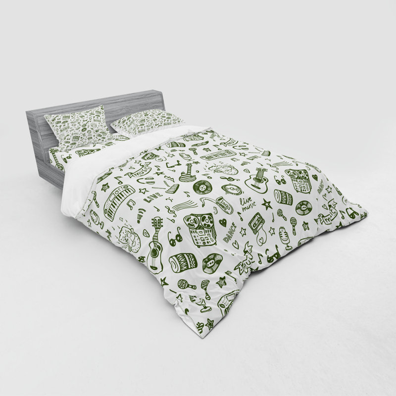 Ensemble de housse de couette en microfibre vert / blanc Doodle, Housse de couette grand + 3 pièces supplémentair