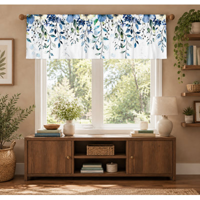 Cantonnière aquarelle bleue à feuilles d'eucalyptus, 54 po x 18 po, panneau floral blanc et bleu marine avec passe-tringle pour décoration de cuisine, de café, de salon ou de salle de bain