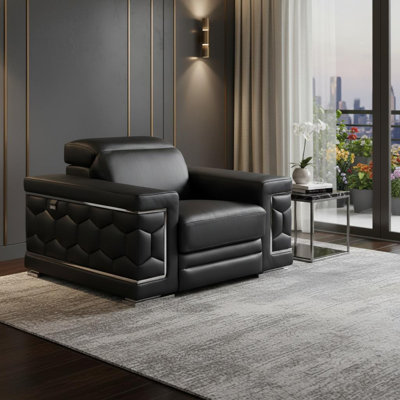  Fauteuil noir en cuir véritable avec accents argentés