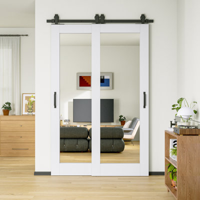 48 x 80 Bypass Barn Door-White Primed 1-Lite Mirror Glass Sliding Double Barn Doors With Installation Hardware Kit/No Assembly Required
