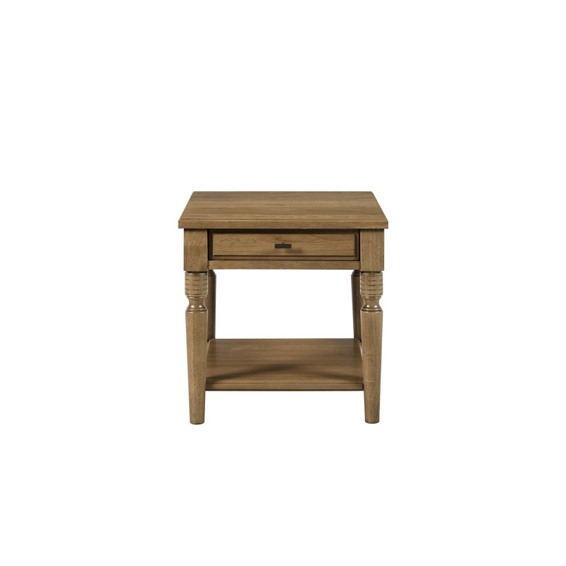 Table de bout de couleur amande, placage, un tiroir entièrement fini, pieds tournés classiques et tablette ouverte, hauteur 24,53 po, bois massif avec placages, boîte de tiroir, tablette inférieure intemporelle pour