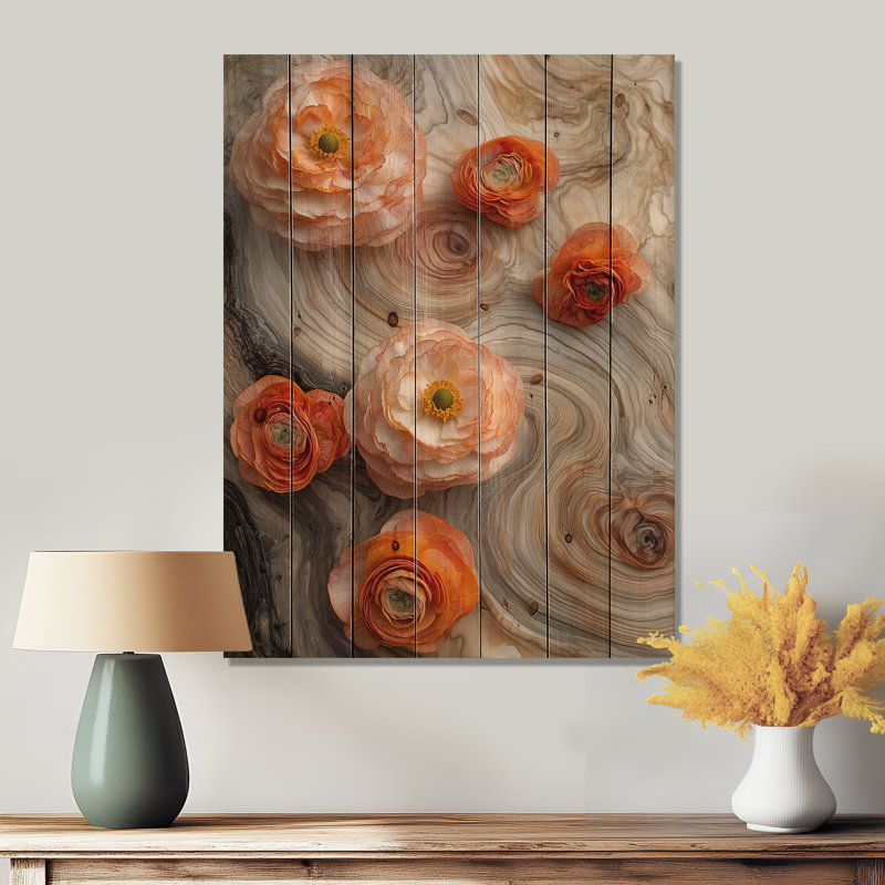 Summer Carnations Flowers On The Wooden Slide I - Ranunculus Wood Wall Decor - On Natural Pine Wood, 44" H x 34" W x 0.78" D