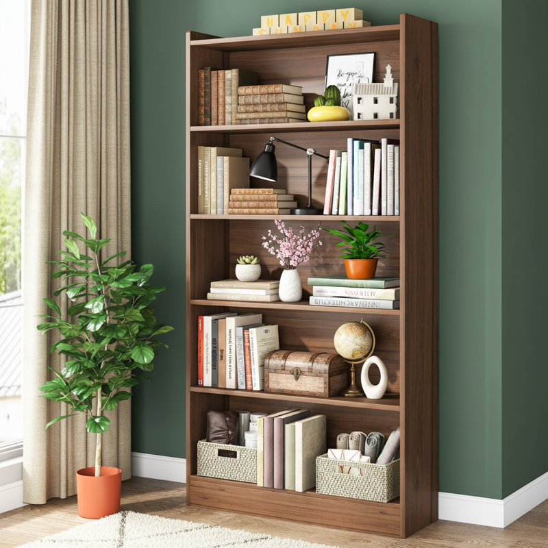 Bibliothèque en bois, bibliothèque de 72 po de hauteur avec tablettes de rangement ouvertes à 6 niveaux, Brun