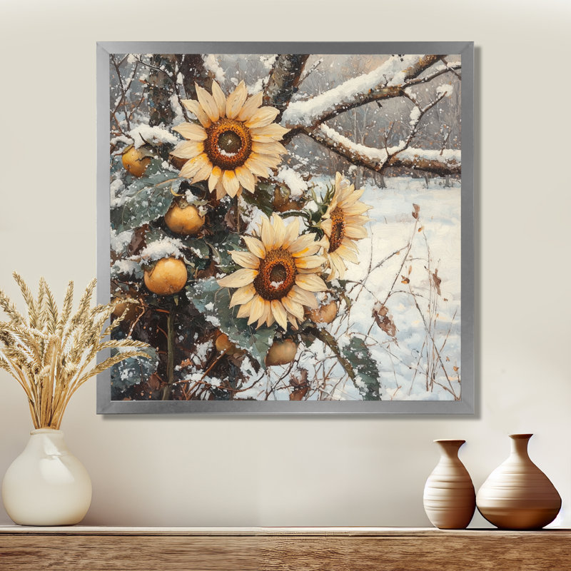 Ditchko tournesols dans le verger enneigé - art mural tournesols, H 30 po x l 30 po, Reproduction encadrée d'une seule photo