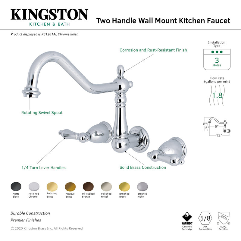 Kingston Brass Heritage Double-Handle 3-Hole Wall-Mount Kitchen Faucet, Matte Black