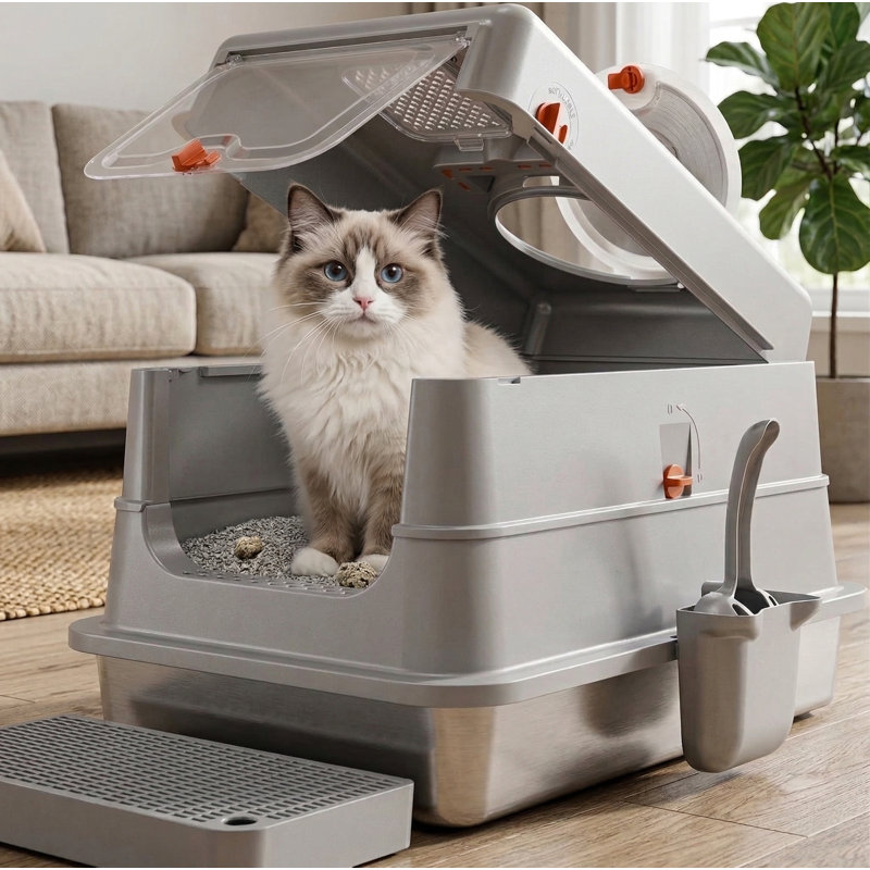 Bac à litière en acier inoxydable pour chat avec couvercle, très grand bac fermé en métal, couvercle rabattable avec poignée portative, avec pelle et marche, facile à nettoyer, résistant aux fuites, à l'épreuve des chiens, contrôle des odeurs, gris