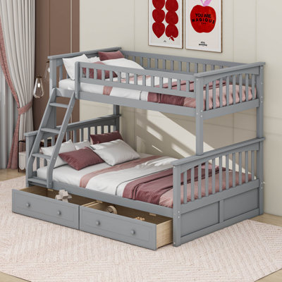 Convertible Wood Bunk Bed With Drawers Twin Over Full Detachable Bed Frame With Storage And Ladders