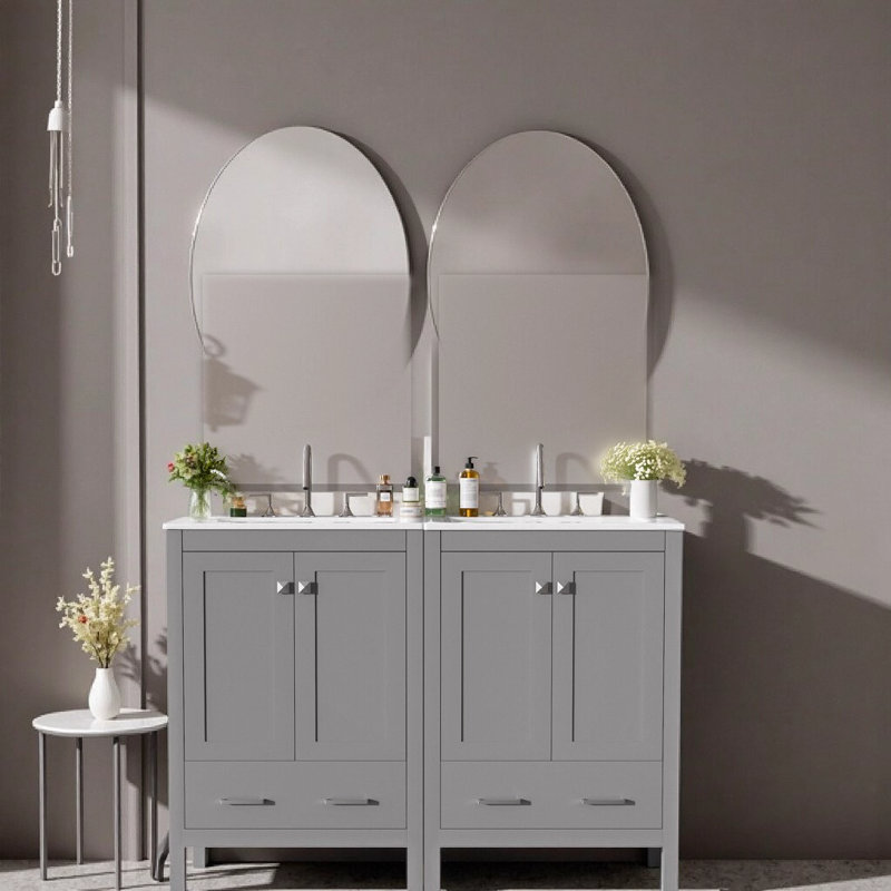 Meuble-lavabo gris moderne de 48 po avec lavabo encastré en céramique et armoire en bois massif, Gris