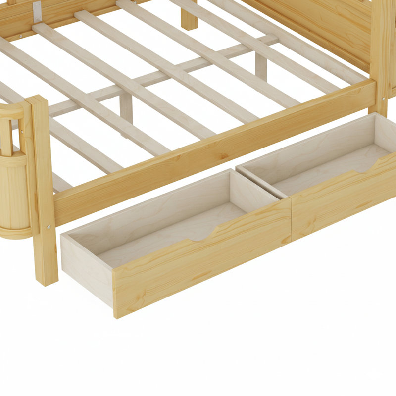 Full Size Wood Platform Bed For Kids, Wood Low Profile Full Bed With Rails For Girls And Boys, Natural, Natural, Full