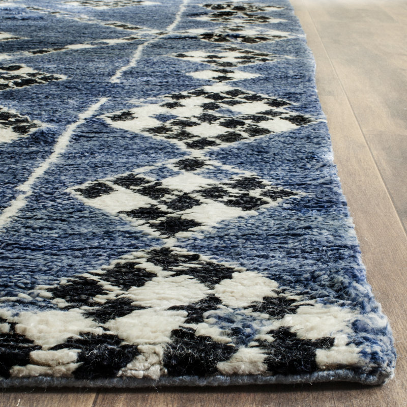 Tapis de style sud-ouest marocain en coton et viscose noué à la main en bleu, Rectangle 8 pi x 10 pi