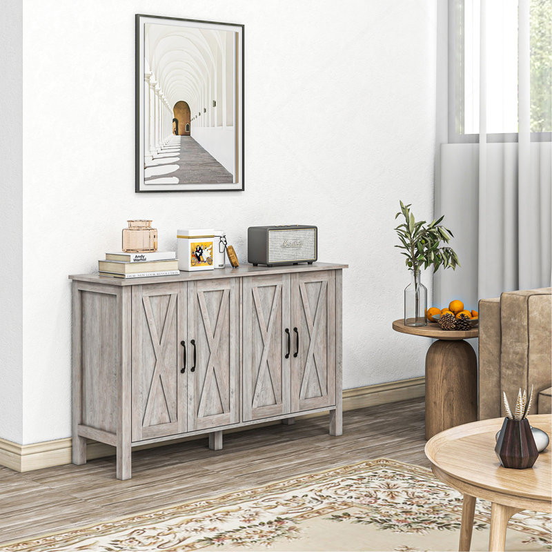 Zeinab Rustic X-Barn Door Sideboard-Multi-Functional Coffee Bar Cabinet with 4 Barn Doors and 2 Adjustable Shelves,wood, Gray