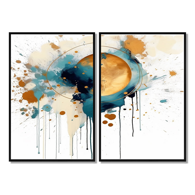 Teal Adn Gold Elegance I - Art mural bleu sarcelle 2 panneaux, Noir, noir, noir, noir, H 36 po x l 48 po