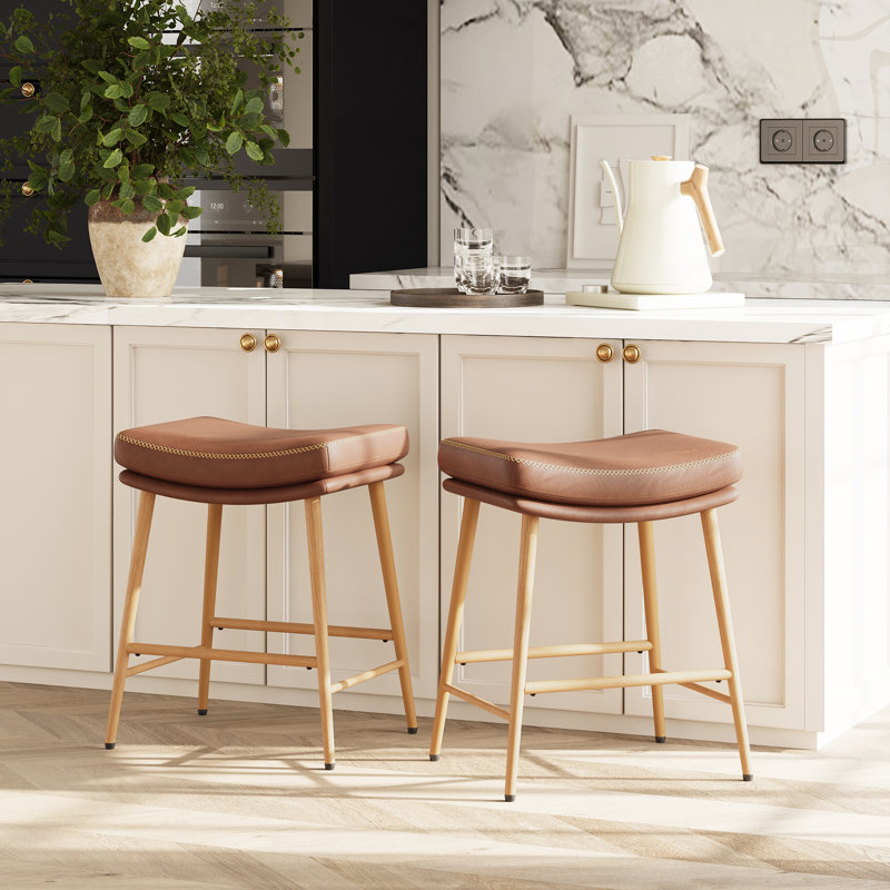 Stylish Counter Upholstered Bar Stool, Metal Frame with Wood Grain, Faux Leather Seat, Mid - Century Modern for Kitchen Island