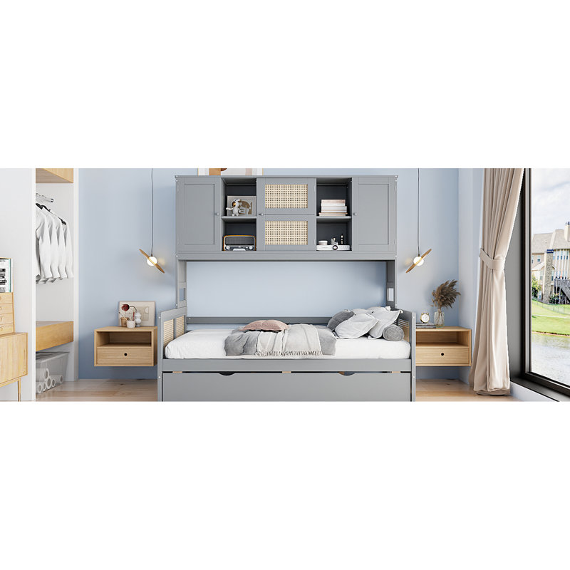 Lit de jour moderne en bois gris avec couchette et système de configuration pratique, Gris, Lit simple