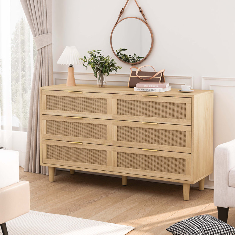 Armoire de rangement en rotin 6 tiroirs, Naturel foncé