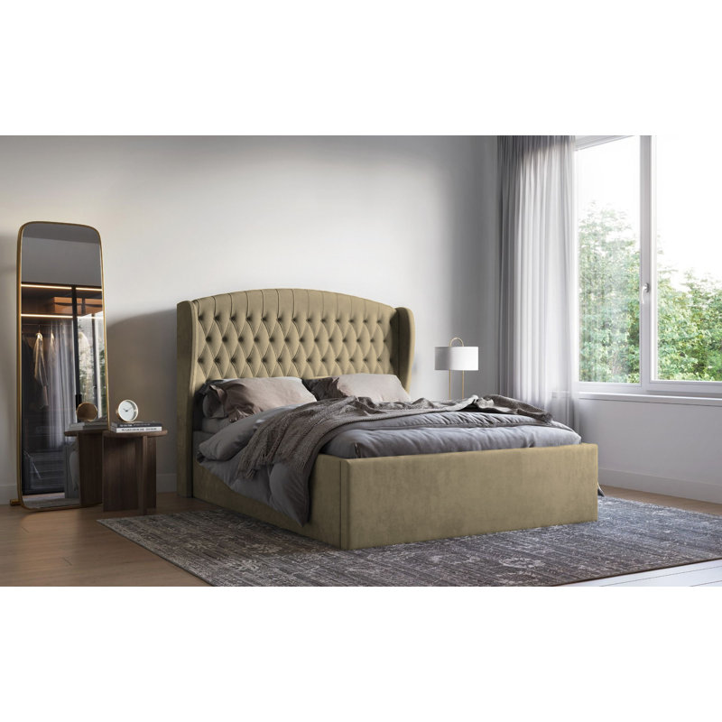 Medau Velvet Upholstered Bed Frame - Padded Headboard, Chrome Feet, Cream, Small Double (4')