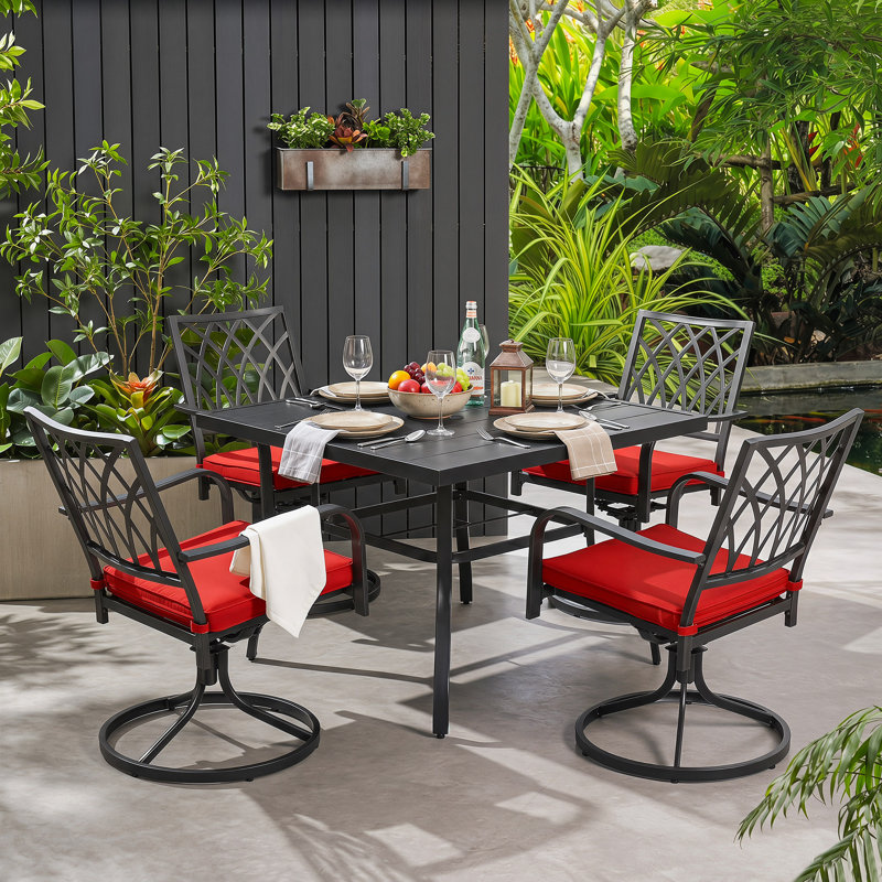 Outdoor Dining Set With Swivel Patio Chairs and Red Cushions for Backyard, Lawn, Deck, Porch, All Weather Resistant, Black, 4