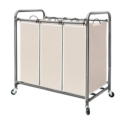 Chariot à linge 35,6 gallons avec roulettes et sacs amovibles, trieur de linge à 3 sections, beige
