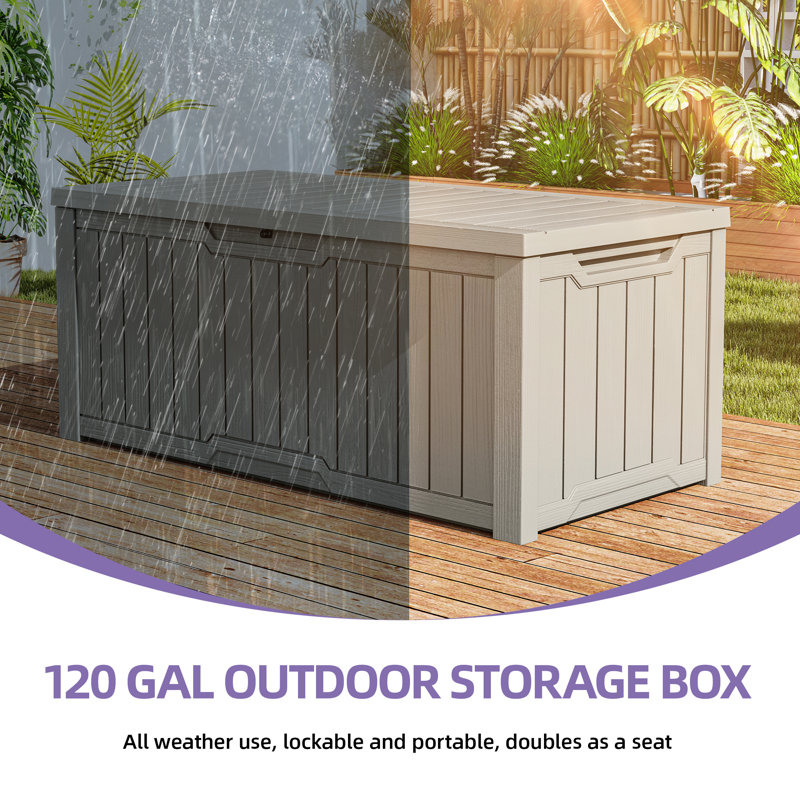 Quartey 120 Gallons Resin Deck Box with Soft Close Mechanism, Light Taupe