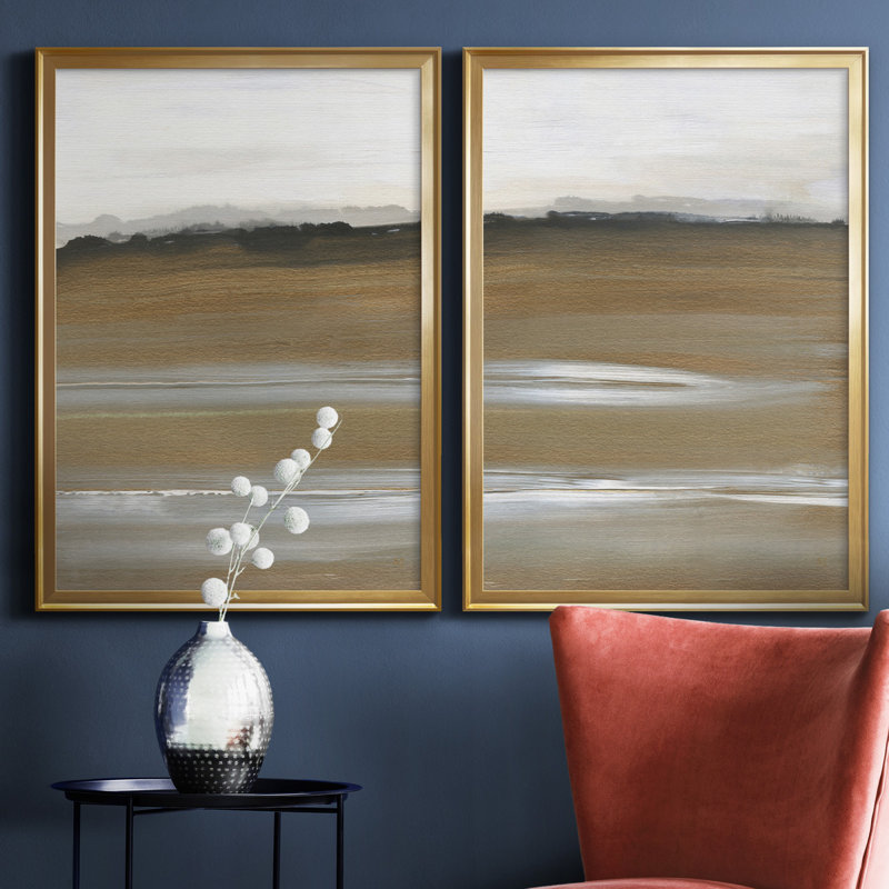 «Field of Gold I», ensemble de 2 reproductions d'art, H 26,5 po x l 73 po x P 1,5 po, Toile encadrée dorée, Pas de tapis